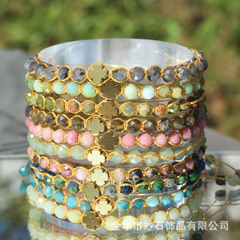 跨境新款切面天然石极细精致手链 手工金线编织手串 欧美饰品女