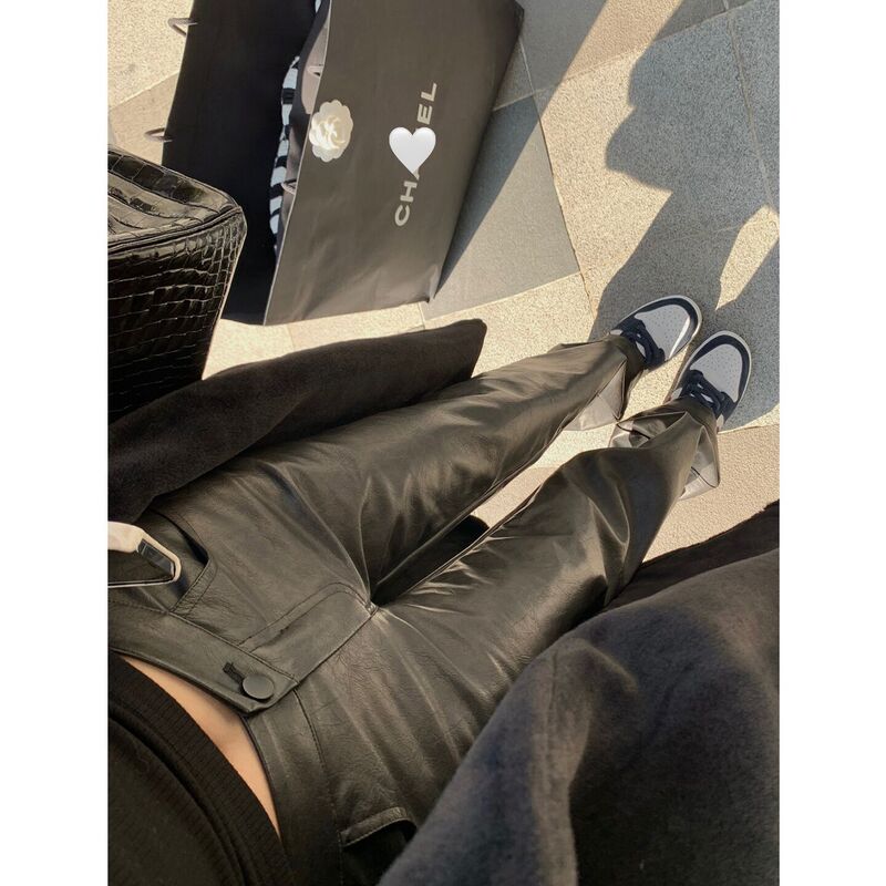 Spring and Autumn Korean Style Elegant Black Pu Leather Pants for Slightly Chubby Women, New High-Waisted Straight-Leg Slimming Casual Wide-Leg Pants Spring and Autumn Korean Style Elegant Black Pu Leather Pants for Slightly Chubby Women, New High-Waisted Straight-Leg Slimming Casual Wide-Leg Pants