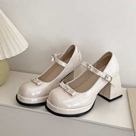 黑色圆头法式复古粗跟小皮鞋女2025新款夏季小个子玛丽珍高跟鞋子