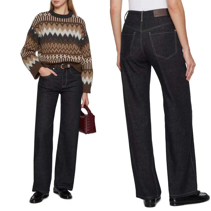 2025秋冬新款欧美BC同款中腰蓝黑不易褪色底抓绒直筒牛仔长裤女