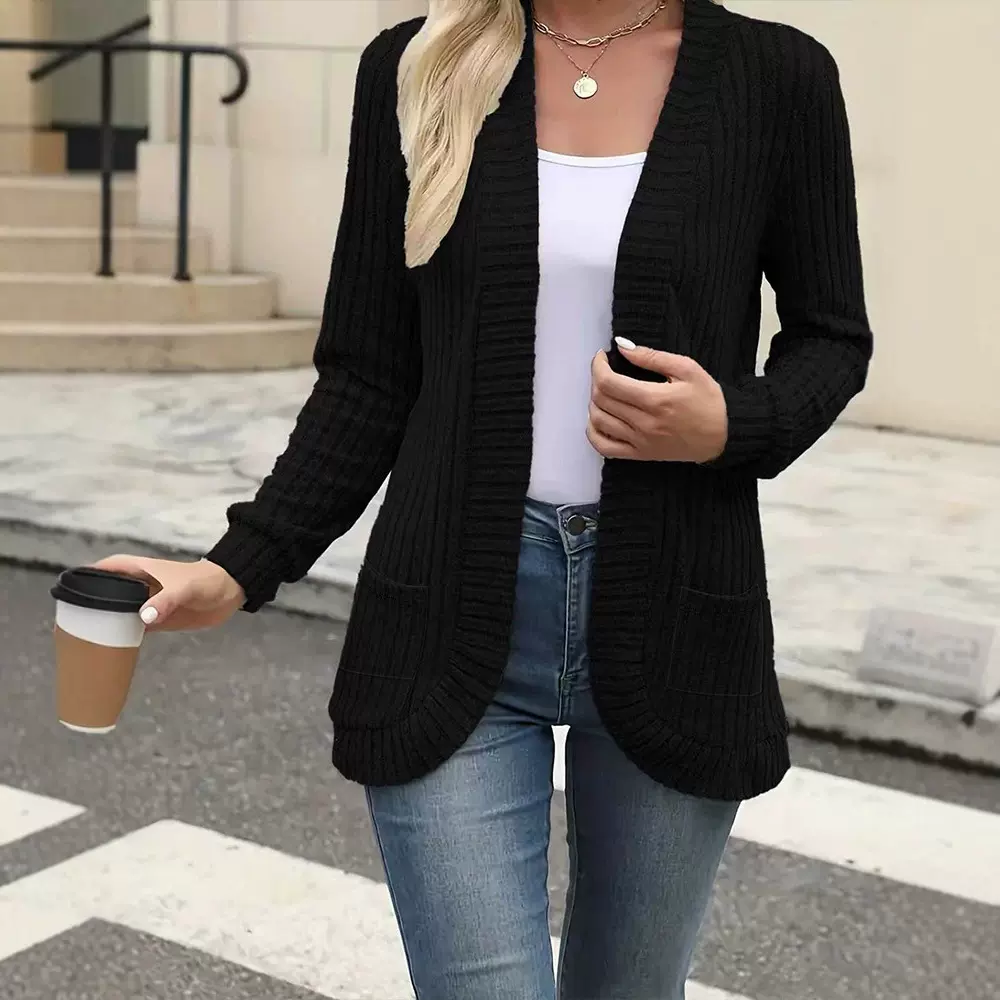 欧美跨境大码纯色跨境新品长袖百搭女士开衫休闲磨毛坑条日常外套