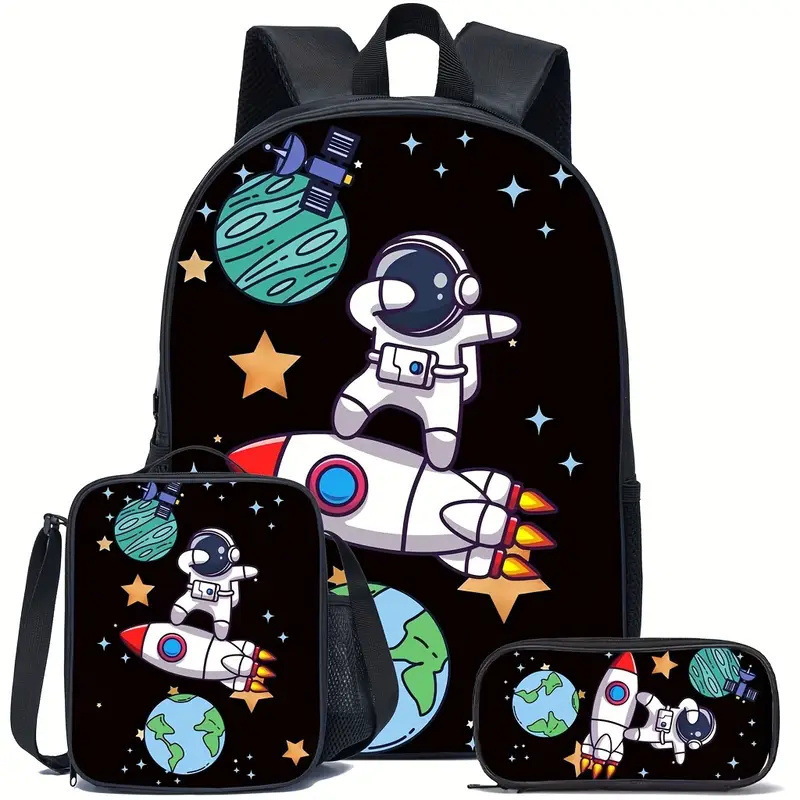 Mochila impresa de venta caliente transfronteriza, mochila escolar para estudiantes de primaria y secundaria, mochila de gran capacidad, bolso, estuche para lápices, juego de tres piezas