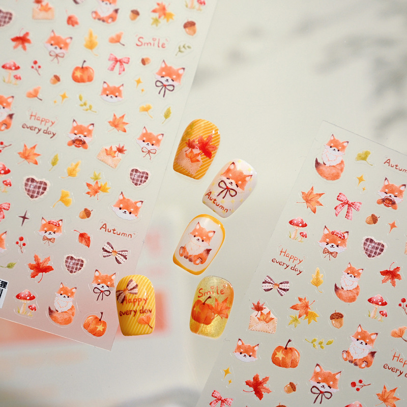 Tiesu Cute Fox Nail Art Sticker Ts4192 Autumn Childlike Fox Falling Leaves Pumpkin Bow Nail Sticker
