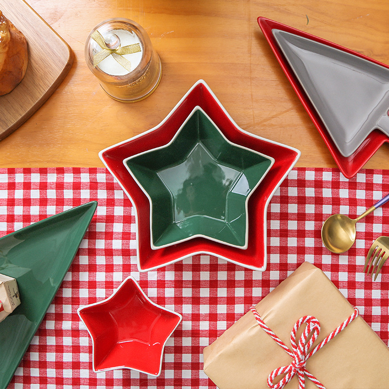 Pudding Star Bowl Ceramic Christmas Five-Pointed Star Baking Bowl Dessert Snack Plate Irregular Plate Cake Special-Shaped Tray