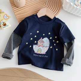儿童星星小屋印花长袖T恤柔软舒适假两件两件套条纹女宝可爱上衣