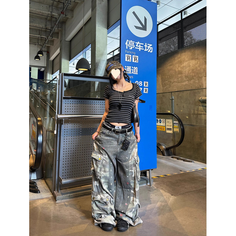 【酷丝螺纹】美式复古辣妹条纹U领正肩短袖T恤女夏季收腰短款上衣|undefined