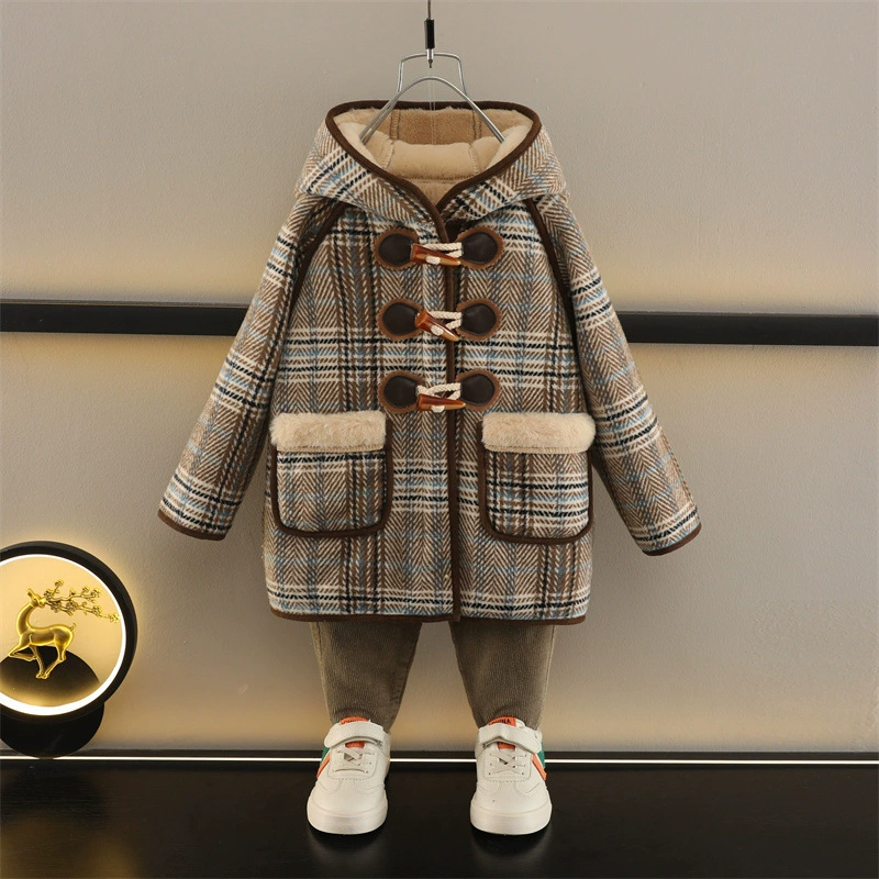 Children's winter warm long woolen coat for boys, western style, mid-length