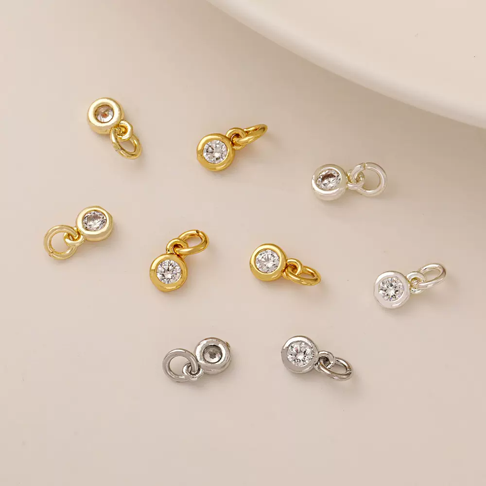 铜镀18K金保色微镶锆石圆形小吊坠手工diy饰品配件气泡小滴溜+圈