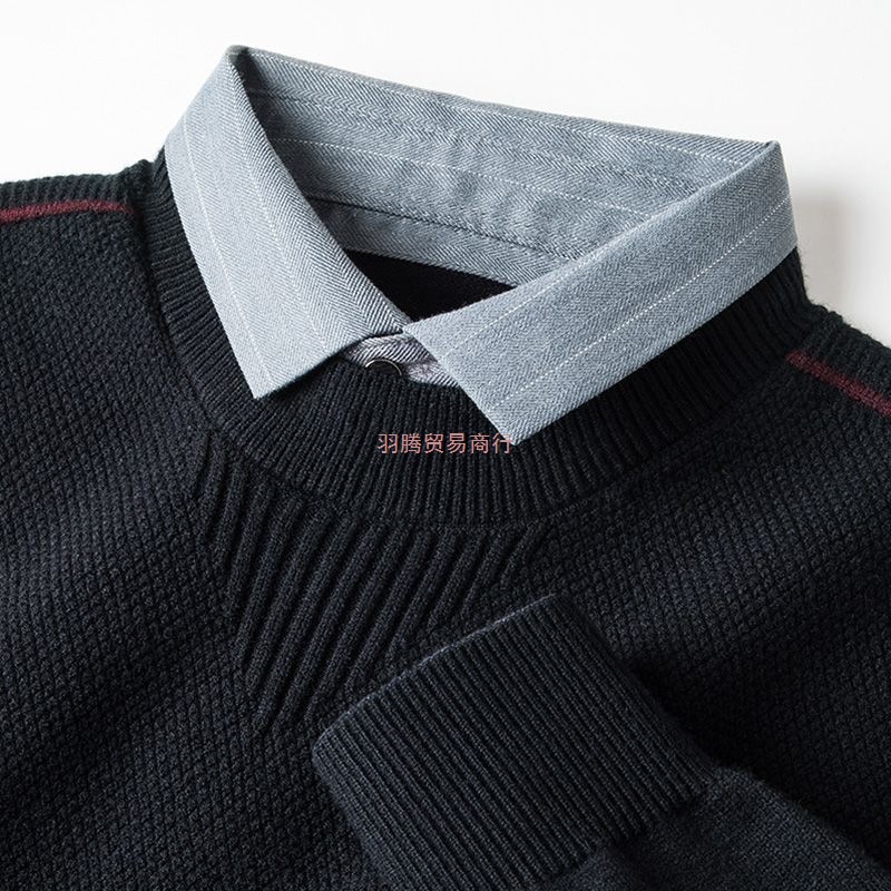 600克假两件套拼接衬衫领羊毛衫男士冬季加厚保暖毛衣休闲针织衫