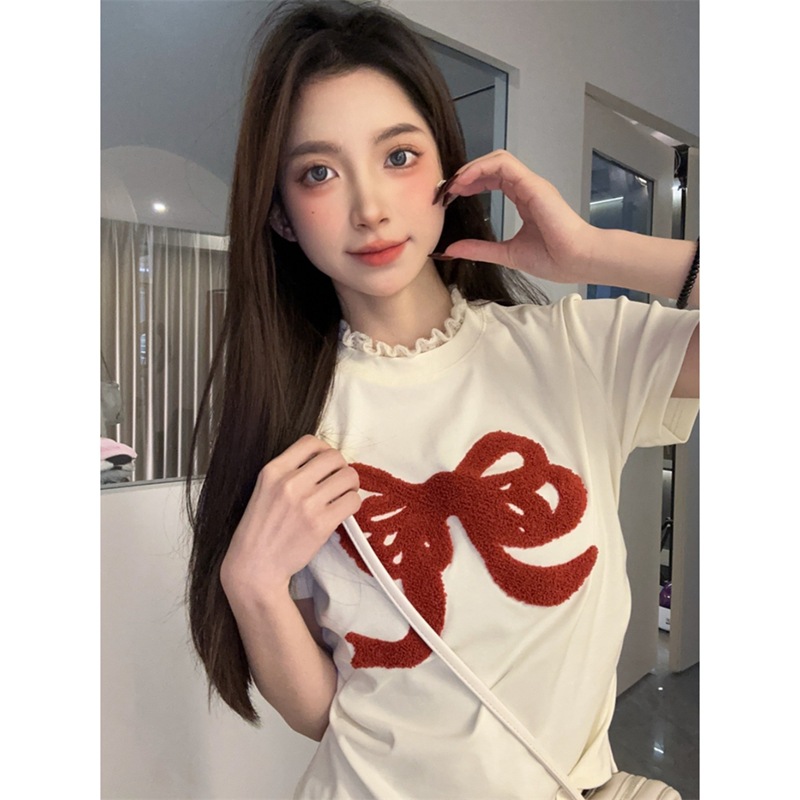 Cute velvet lace Japanese short summer short sleeve T-shirt with bow