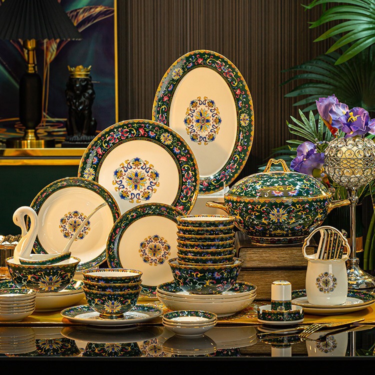 Jingdezhen Enamel Bone China Tableware Set Bowl and Dish Set Chinese Style Home Palace Style Housewarming Gift