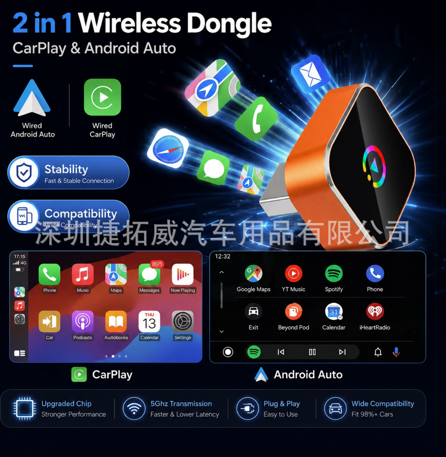 Hot-Selling Wired-To-Wireless Carplay Android Auto Car Interconnection Box, Two-In-One Smart Car Converter