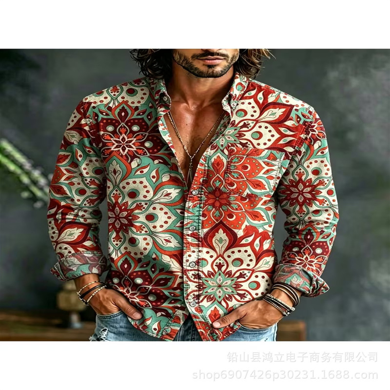 2026 Vintage Distressed Patchwork Floral Men's Long Sleeve Shirt Bohemian Loose Fit Casual Shirt 2026 Vintage Distressed Patchwork Floral Men's Long Sleeve Shirt Bohemian Loose Fit Casual Shirt