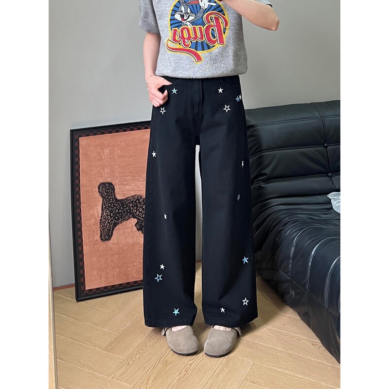 Black Star Embroidered Wide-Leg Jeans for Women, New Spring Style, Loose Fit for Plus-Size Pear-Shaped Body, Slimming Straight Pants Black Star Embroidered Wide-Leg Jeans for Women, New Spring Style, Loose Fit for Plus-Size Pear-Shaped Body, Slimming Straight Pants