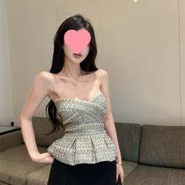 小香风千鸟格吊带背心女夏泰式辣妹一字肩抹胸上衣感美