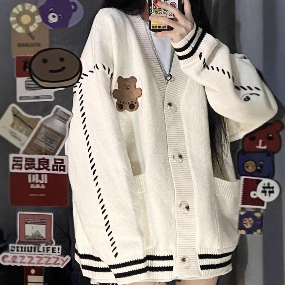 Oso perezoso suéter cardigan mujeres otoño estilo universitario nicho con cuello en V suéter estilo japonés suave glutinoso más tamaño abrigo grueso image 6