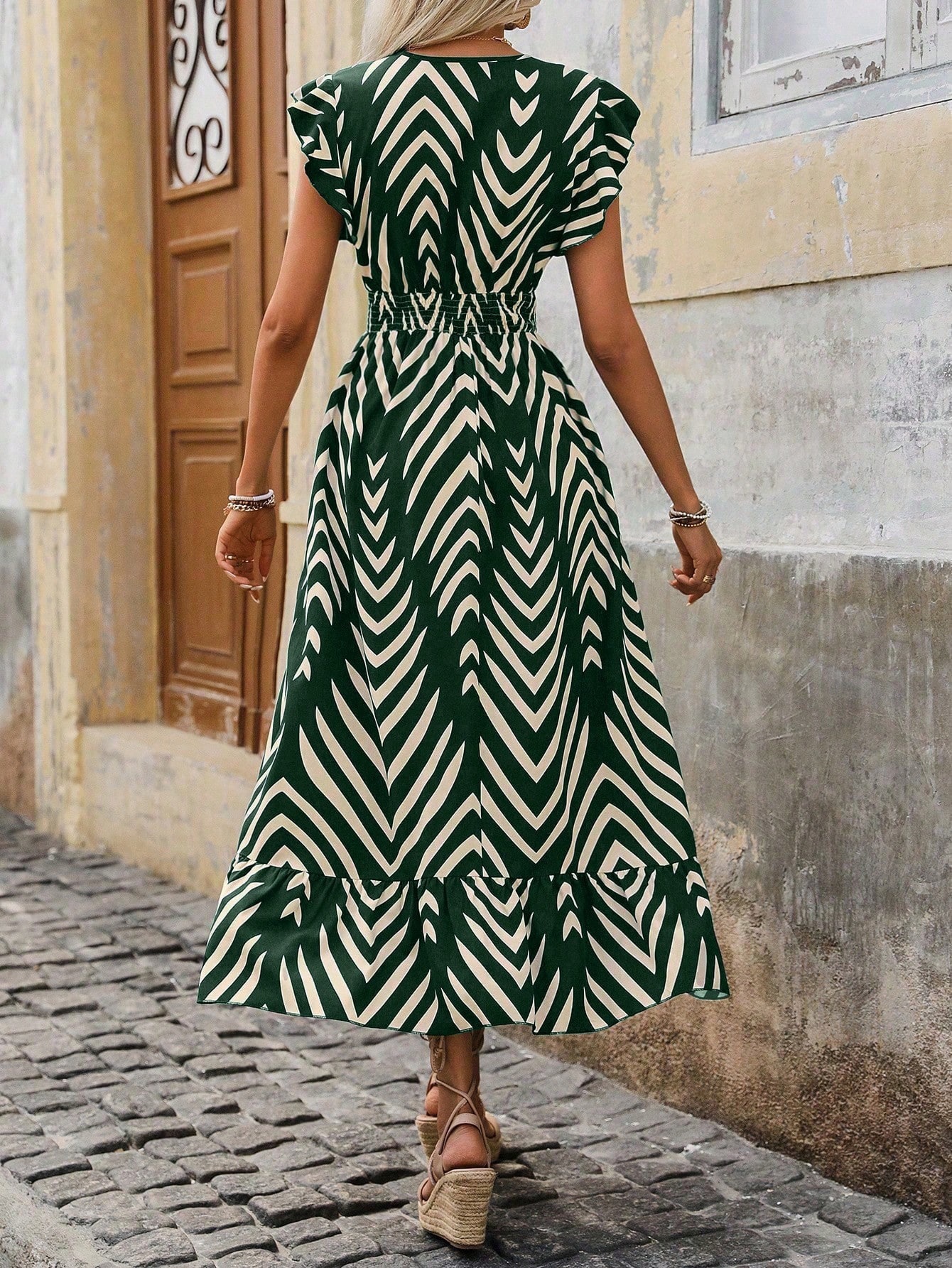 European American Foreign Trade Clothing 2024 Women's Summer Elegant Style Printed Short Sleeve Dress With Tie_ecoleips.com