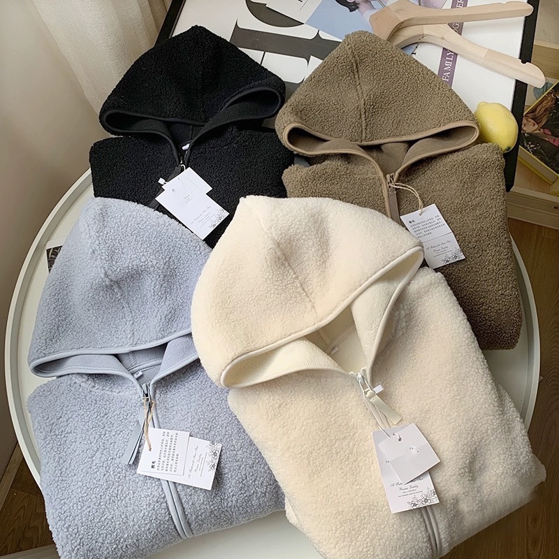 Irina autumn and winter new imitation lamb velvet zipper hooded long sleeve comfortable casual versatile thick top coat women