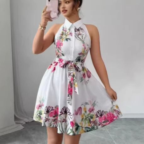 2026 Spring/Summer European and American Cross-Border Amazon New Style Waist-Tie Dress with Floral Print Women's Dress 2026 Spring/Summer European and American Cross-Border Amazon New Style Waist-Tie Dress with Floral Print Women's Dress
