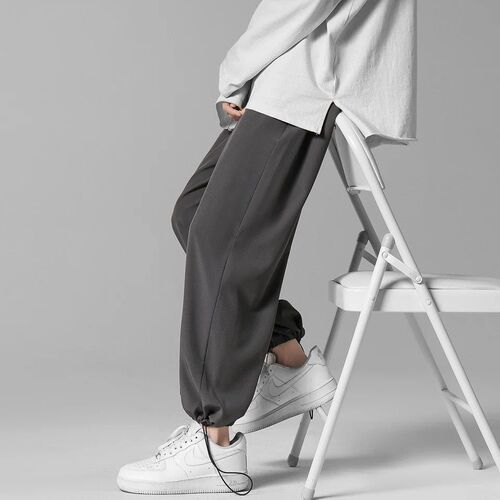 Men's Summer Thin Loose Casual Hemming Wide Leg Straight Ice Silk Tied Pants with Drawstring Sports Pants