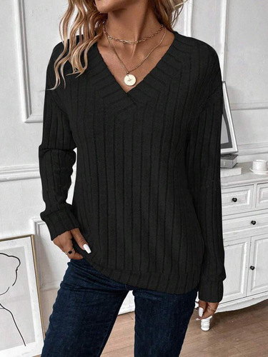 New cross-border foreign trade European and American Amazon long-sleeved V-neck ribbed casual solid color top loose women's clothing