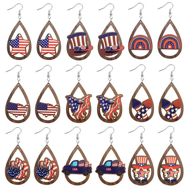 1 Pair Retro Simple Style National Flag Water Droplets Printing Wood Drop Earrings display picture 1