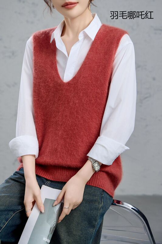 95羊毛5羊绒拉毛无袖羊绒衫拉绒长毛上衣打底背心马甲女外搭坎|undefined