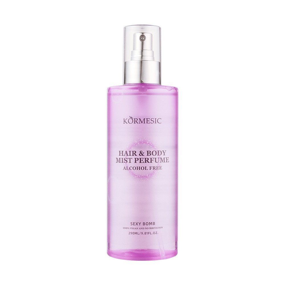 Perfume corporal en aerosol KORMESIC, totalmente en inglés, con fragancia duradera a té y frutas, disponible para comercio transfronterizo.
