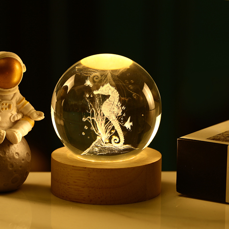 Bola de cristal 3D de la Vía Láctea — grabado interno luminoso con base de madera, luz nocturna decorativa creativa