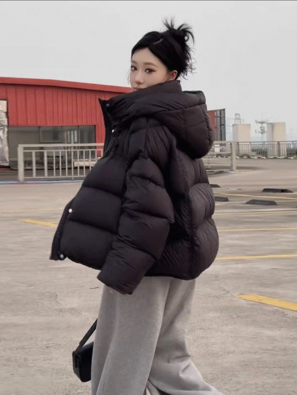羽绒棉服女短款2025秋冬纯色泡芙连帽宽松面包服加厚保暖棉服外套|undefined