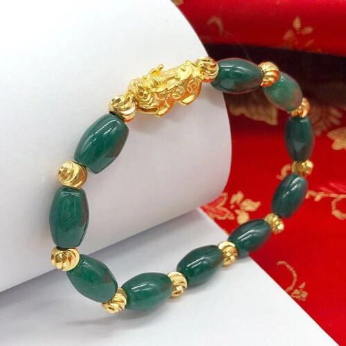 2pcs Imitation  jade  lucky god luck wealth bracelets the mythical wild animal pixiu bracelets and oval bead string hand act the role of the scenic area drainage gifts