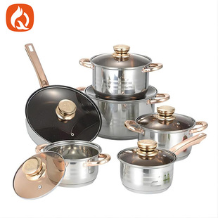 Cross-border new double bottom stainless steel pot kitchen simple frying wok soup pot milk pot with lid 12-piece set wholesale