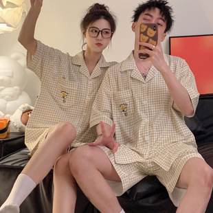 Summer South Korea plaid cotton pajamas men's and women's short-sleeved cartoon cute Snoopy cotton couple home wear suit