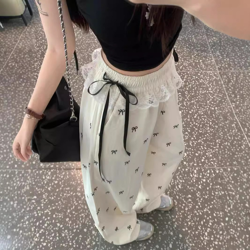 Sweet Spice Girl Lace Stitching Casual Pants Bow Pants Women's Summer Loose Loose Waist Wide Leg Pants Straight Leg Pants