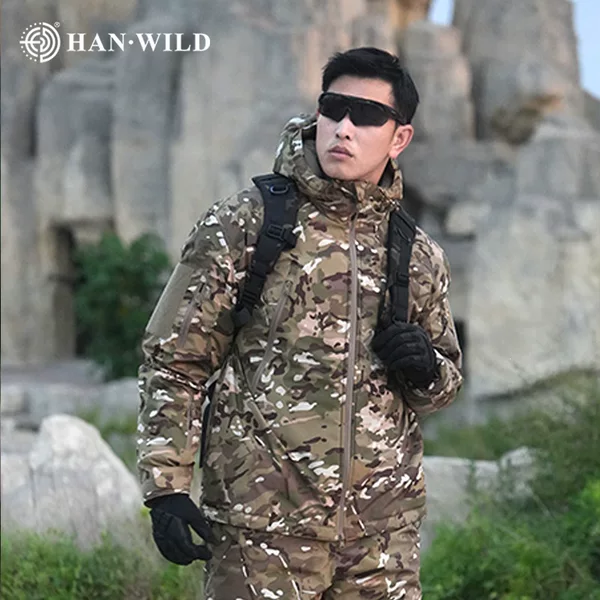 Hanye Outdoor 3.0 Cotton Softshell Camouflage Tactical Mountaineering Jacket for Men and Women, Autumn and Winter, Fleece-Lined, Thickened, Waterproof Cotton Coat