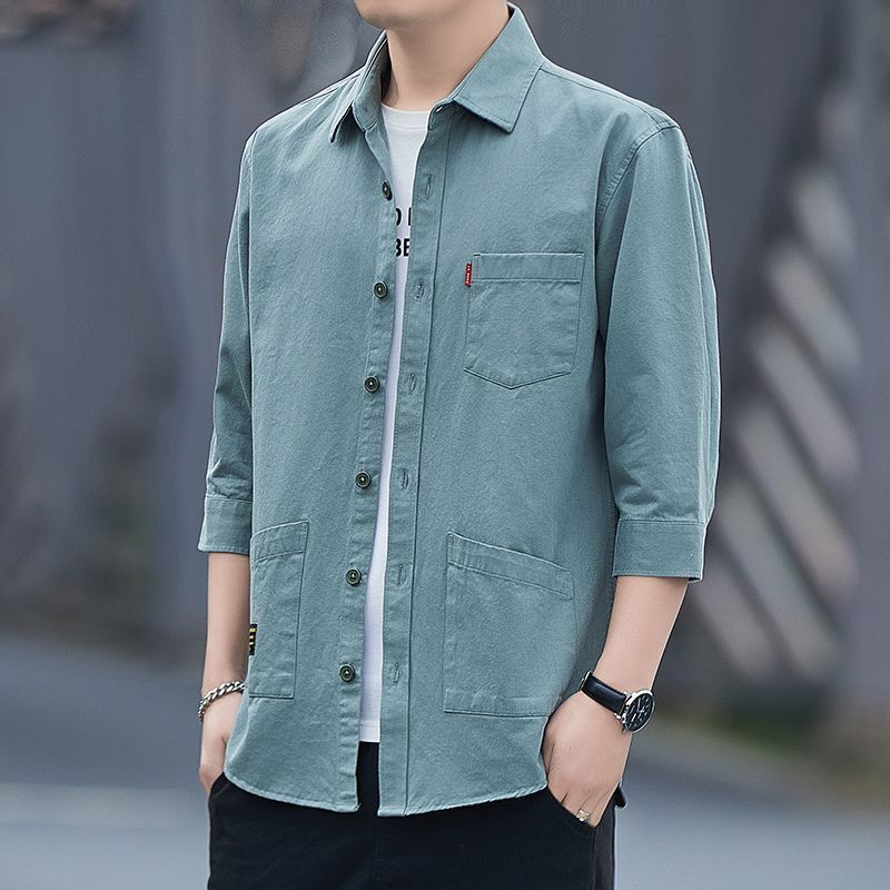 Camisa de manga tres cuartos de verano suelta de algodón 100% de alta gama, camisa de manga corta de herramientas casuales para hombres, chaqueta de manga media