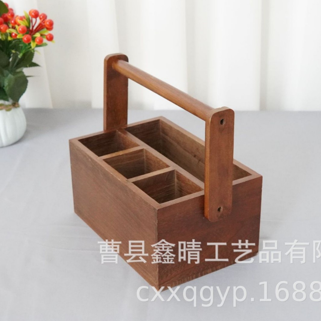 Caja de almacenamiento de vajilla de madera maciza de cocina Caja de acabado de cuchillo y tenedor portátil de madera Caja de almacenamiento de subformato de madera de escritorio