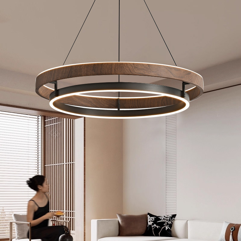 Modern Simple New Chinese Style Wood Grain Living Room Chandelier, Antique Style Ring Restaurant Chandelier, Model Room Guest Room Chandelier