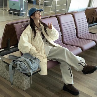 (Qiqi) Korean version of Dongdaemun bow printed fleece-lined/terry pants casual loose straight leggings women