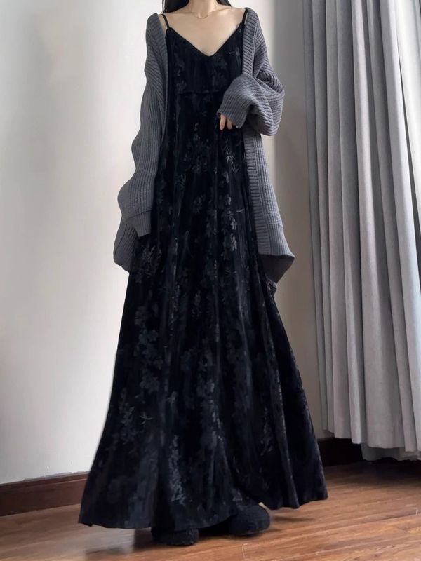 丝绒连衣裙套装女新中式国风复古印花吊带长裙禅意针织开衫两件套|undefined