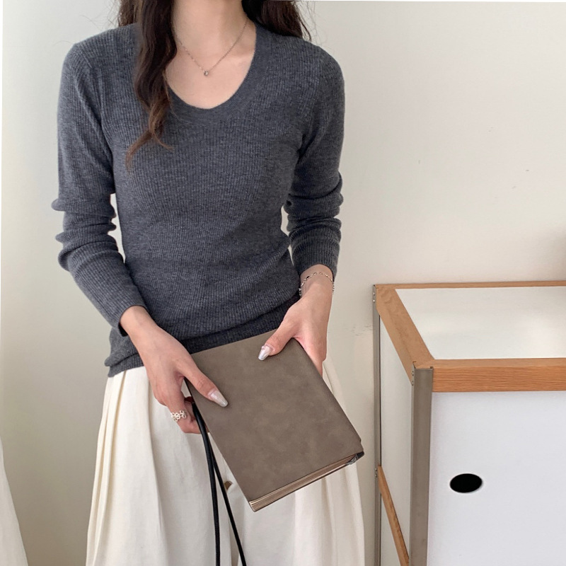Ai Aesthetic U-Neck Exposed Collarbone Worsted 100% Wool Knitwear for Women Early Autumn Long-Sleeved Inner Slim-Fitting Bottoming Shirt