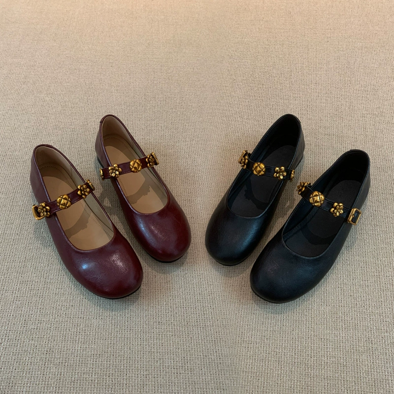 Чистая ручная мягкая кожа темперамент плоская подошва французская одиночная обувь женская 2025 новая красная полоса с юбкой Мэри Джейн