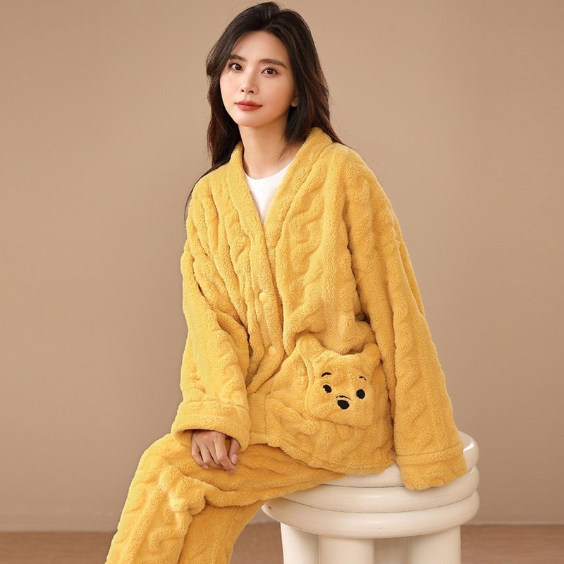 黄色小熊款家居服睡衣加绒加厚珊瑚绒开衫秋冬季2025年新款女保暖|undefined
