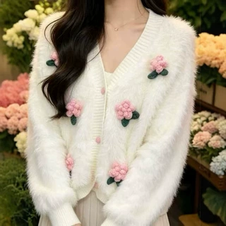 外贸小香风穿搭气质针织开衫女春秋新款立体花朵毛衣女外套短款减