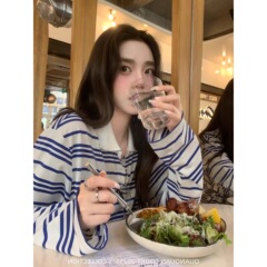 圈圈cooky 娜琏Polo 蓝条纹针织polo衫翻领正肩韩系简约女上衣T恤
