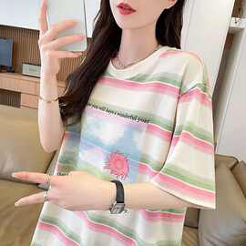 条纹中长款短袖t恤女2026新款夏季小个子初中生宽松慵懒风上衣服