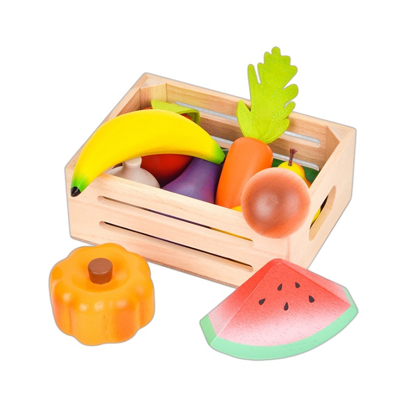 Caja de madera para niños, frutas y verduras, cortar música, jugar a la casa, juguetes, marco de madera de simulación de roble, verduras y frutas, ver