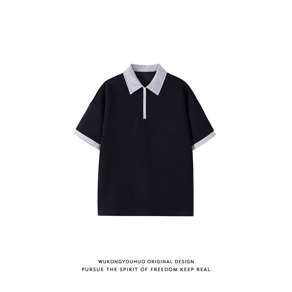 Chemise homme style américain à demi-zip, manches courtes, coupe ample et confortable, col montant._voghion.com