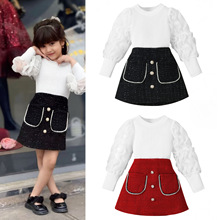 跨境秋冬款女童网纱泡泡袖上衣搭小香风开袋短裙两件套套装中小童