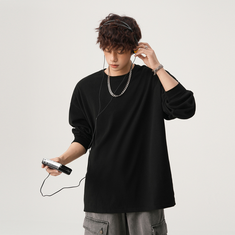 Basic White Sweater Men's Loose Cotton Inner Long-Sleeved Crewneck T-Shirt plus size Simple All-Match Pullover Base Shirt